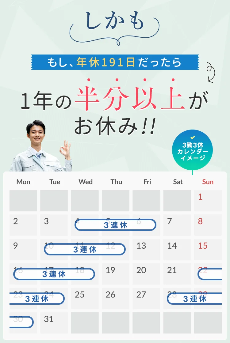 しかも年休191日なら、一年の半分がお休み！