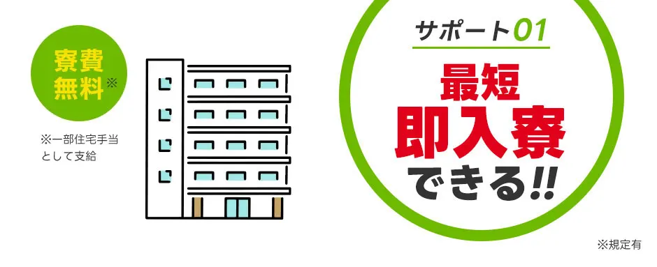 サポート01：最短即日入寮できる！！ ※規定有 寮費無料 ※一部住宅手当として支給
